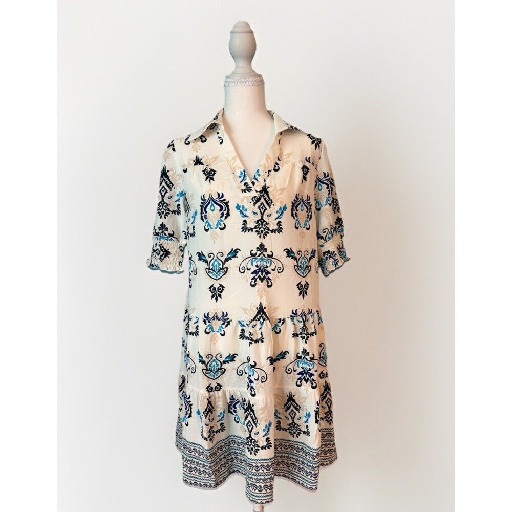 Boho Coastal Damask Print Tiered Swing Dress Collared Mini Size Small NWT Resort